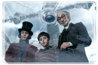 W. Wonka, Grandpa Joe y el pequeñito Charlie en el ascensor