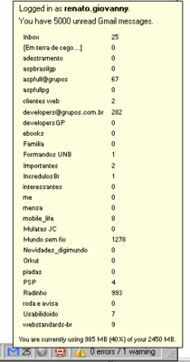 Label dropdown do GmailNotifier mostra quantidade de emails por Label