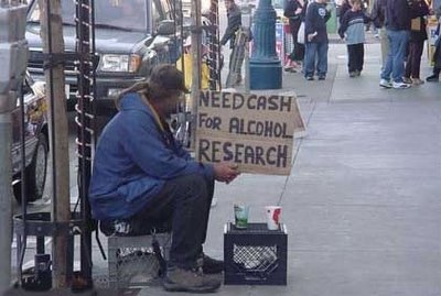 Homeless Guy with Alchohol Research Sign