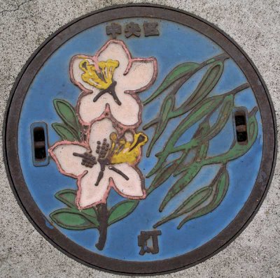 Decorative manhole cover in Chuo ward, Tokyo, Japan.