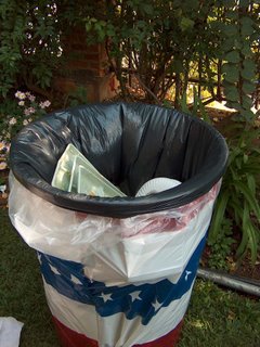 trash can wrapped in red white and blue