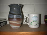 Here is my pottery mug (i.e. vase) that I got for getting 3rd place in the 5K, and the coffee mug that I got for entering.