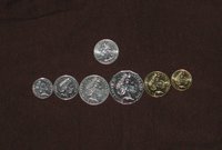 The entire collection of currently used Australian coins, with an American quarter for size comparison. From left to right: 5c, 10c, 20c, 50c, $1, $1 coins