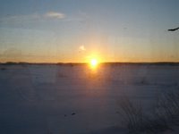 soluppgång genom tågfönstret