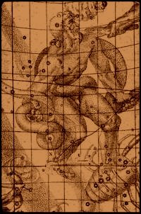 Kepler's drawing of the constellation Ophiucus shows a bearded greek man looking up to the right at an arm with a sword hacking behind his back at the serpent entwined around his torso. The man has his hands down at his sides, gripping at the serpent. His left foot seems to be stepping on a rather large bug which represents another constellation-- maybe Scorpio? His right ankle, to the picture's left, has a N on it which represents Kepler's supernova