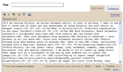 Blogger post editor with the post published from Writely