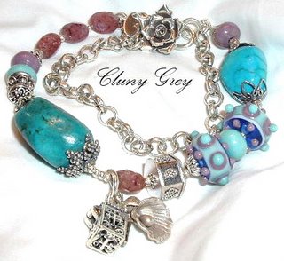 turquoise bracelet with lampwork beads and muscovite gemstones and sterling silver