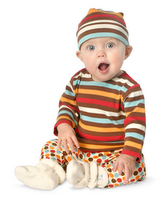 Zutano baby in chocolate stripes and dots, copyright Zutano