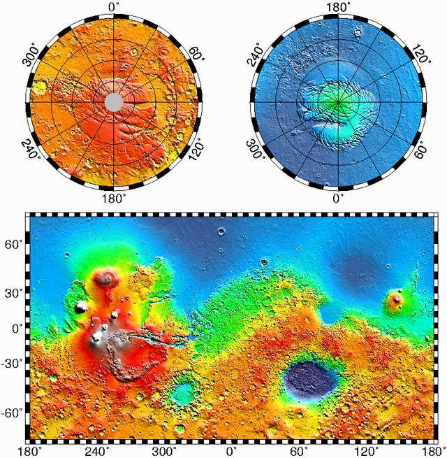 False-color altitude-encoded map of Mars, from Mars Global Surveyor's MOLA altimeter