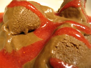 Chocolate Ice Cream with Strawberry Sauce