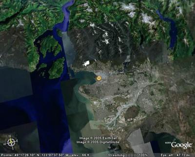 Vue aérienne de la baie de Vancouver en Colombie Britannique, Canada (Logiciel Google Earth)