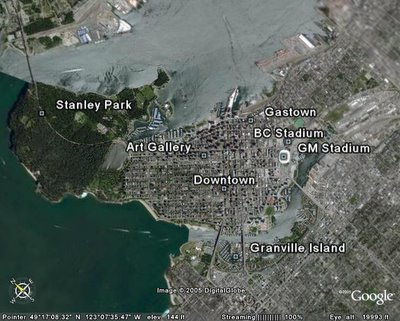 Vue aérienne du centre ville de Vancouver en Colombie Britannique, Canada (Logiciel Google Earth)
