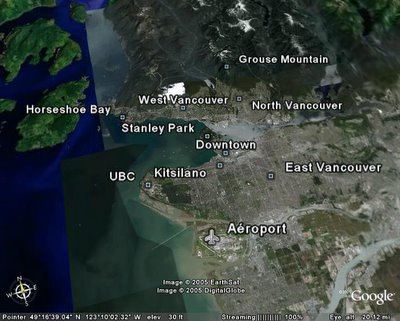Vue aérienne de Vancouver en Colombie Britannique, Canada (Logiciel Google Earth)
