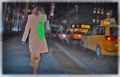 A brunette woman walking on a New York City Street on a winter evening. Probably going home