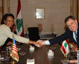 Secretary Rice greets Prime Minister Siniora of Lebanon in July 2006 as Israel and Hezbollah behave like Lebanon doesn't exist.