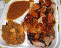 tri-tip with baked beans and yams