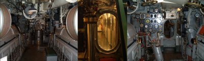 left: the forward engine room, center: a view from the forward torpedo room into the forward battery compartment, right: the aft engine room