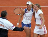 Russia's Dementieva and Safina celebrate with coach Shamil Tarpischev (credit: Getty Images)