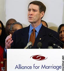 Senate Majority Leader Bill Frist speaks at a rally on Capitol Hill on Wednesday in support of traditional marriage laws.