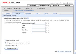 Figure 4, Starting a BPEL process using the Oracle BPEL Console Interface