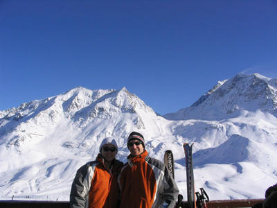 Luvena and James skiing & snowboarding in Les Arcs, France, January 2005