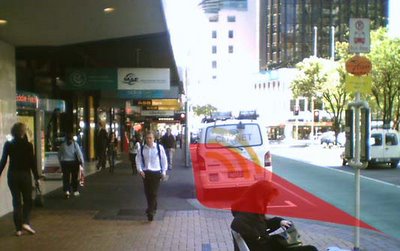 Lambton Quay, with some of the proposed pavement extension in red