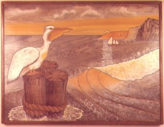 Intarsia woodworking design of a pelican.