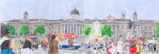 A Drawing of Trafalgar Square and the National Gallery in London in July 2000, drawn in July 2005.
