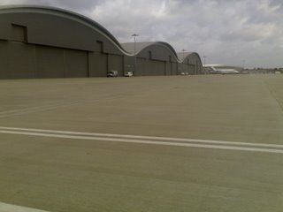 Farnborough hangars and the new terminal in the distance