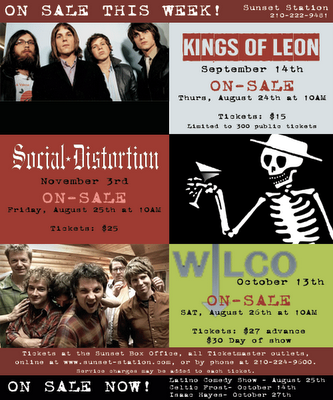 Tickets for Wilco Social Distortion and Kings of Leon at Sunset Station