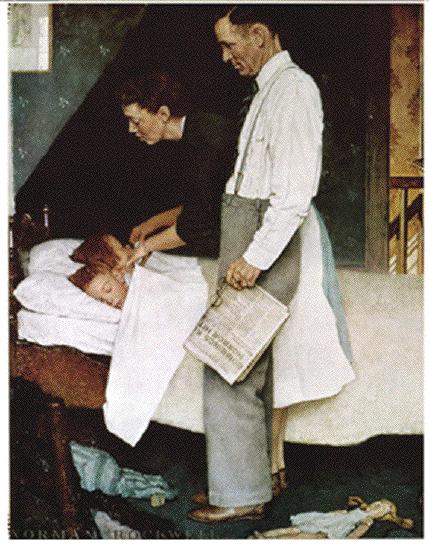 Art image of parents tucking in their kids in bed by Norman Rockwell.