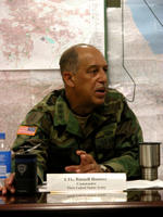 Lt. Gen. Russel L. Honore, commander of First U.S. Army, speaks to the media May 3 at Camp Shelby, Miss., during a two-day conference for trainers to discuss ways to defeat improvised explosive devices on the battlefield by Sgt. 1st Class Doug Sample May 5, 2005