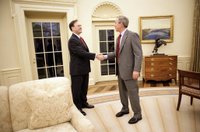 President George W. Bush and Judge Samuel A. Alito shake hands in the Oval Office of the White House Monday, Jan. 9, 2006, before breakfast in the Private Dining Room. Confirmation hearings for Judge Alito, President Bush's nominee for Associate Justice of the Supreme Court, were scheduled to begin today in Washington. White House photo by Eric Draper.