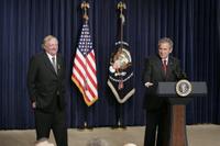 President George W. Bush appears on stage, Thursday, Oct. 5, 2005 at the Eisenhower Executive Office Building in Washington, with William F. Buckley, Jr., to honor the 50th anniversary of National Review magazine, which was founded by Buckley, and to recognize Buckley's upcoming 80th birthday. White House photo by Paul Morse