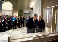 President George W. Bush views the Emancipation Proclamation with Allen Weinstein, Archivist of the United States, at the National Archives in Washington, D.C., Monday, January 16, 2006. White House photo by Eric Draper.