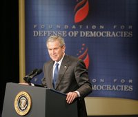 President George W. Bush addresses his remarks on the global war on terror, Monday, March 13, 2006 , before members and guests of the Foundation for the Defense of Democracies at the Dorothy Betts Marvin Theatre at George Washington University in Washington. White House photo by Paul Morse.