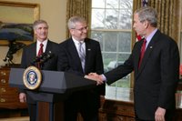 President George W. Bush shakes the hand of Josh Bolten Tuesday, March 28, 2006, after introducing him as the new Chief of Staff, succeeding Secretary Andrew Card. ' No person is better prepared for this important position, and I'm honored that Josh has agreed to serve,' said the President. White House photo by David Bohrer.
