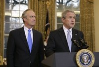 With Gov. Dirk Kempthorne at his side Thursday, March 16, 2006 in the Oval Office, President George W. Bush announces his intention to nominate the Governor to be Secretary of the Interior. White House photo by Paul Morse.