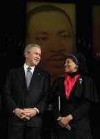 President George W. Bush is joined on stage by Elaine Steele during Georgetown University's 'Let Freedom Ring' Celebration Honoring Dr. Martin Luther King at the John F. Kennedy Center, Monday, Jan. 16, 2006. Steele, Co-Founder of Rosa and Raymond Parks Institute, was presented with the 'John Thompson Legacy of a Dream Award'. White House photo by Eric Draper.