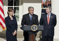 President George W. Bush announces the nomination of Rob Portman as Director of the Office of Management and Budget and Susan Schwab as the U.S. Trade Representative in the Rose Garden Tuesday, April 18, 2006. White House photo by Paul Morse.