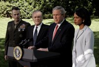 President George W. Bush makes a statement to the press regarding the recent trip to Iraq by Secretary Rumsfeld and Secretary Rice on the South Lawn May 1, 2006. The President is standing with, from left, Chairman of the Joint Chiefs of Staff Peter Pace, Defense Secretary Donald Rumsfeld and State Secretary Condoleezza Rice. White House photo by Eric Draper.