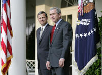 President George W. Bush stands with Judge John G. Roberts, his nominee to the Supreme Court, in the Rose Garden Wednesday morning, July 20, 2005, at the White House. White House photo by Eric Draper 