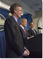 President George W. Bush and outgoing Press Secretary Scott McClellan introduces the new White House Press Secretary, Tony Snow, to the press in the James S. Brady Press Briefing Room Wednesday, April 26, 2006. White House photo by Eric Draper.