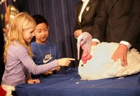 President George W. Bush invites the children of Clarksville Elementary School on stage to pet 'Marshmallow,' the National Thanksgiving Turkey, during the Tuesday, November 22, 2005 pardoning ceremony, held in the Eisenhower Executive Office Building in Washington. White House photo by Shealah Craighead