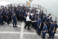 President George W. Bush meets with the crew of the U.S. Coast Guard vessel 'Valiant' during his visit to the Integrated Support Command at the Port of Miami Monday, July 31, 2006. White House photo by Kimberlee Hewitt.