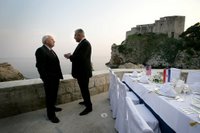 Vice President Dick Cheney talks with Croatian Prime Minister Ivo Sanader before a dinner meeting, Saturday, May 6, 2006, in the Old City of Dubrovnik, Croatia. The Vice President met with the Prime Minister to express U.S. support of Croatia's ambitions to become a member of the transatlantic community through integration into NATO and the European Community. White House photo by David Bohrer.