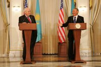 Vice President Dick Cheney and Kazakh President Nursultan Nazarbayev speak to the press following their meeting at the Presidential Palace in Astana, Kazakhstan, Friday, May 5, 2006. In his remarks the Vice President said, 