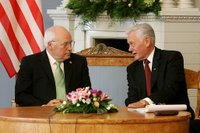Vice President Dick Cheney listens to Lithuanian President Valdus Adamkus during a bilateral meeting held at the Presidential Palace in Vilnius, Lithuania, Wednesday, May 3, 2006. During the meeting the two leaders discussed their mutual determination to further the rise of democracy in the region. White House photo by David Bohrer.
