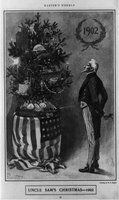 Uncle Sam standing smiling at Christmas tree Credit Line: Library of Congress Prints and Photographs Division, REPRODUCTION NUMBER: LC-USZ62-98604