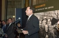 Dan Gillerman, Permanent Representative of Israel to the United Nations, delivers an address during the exhibit launch of 